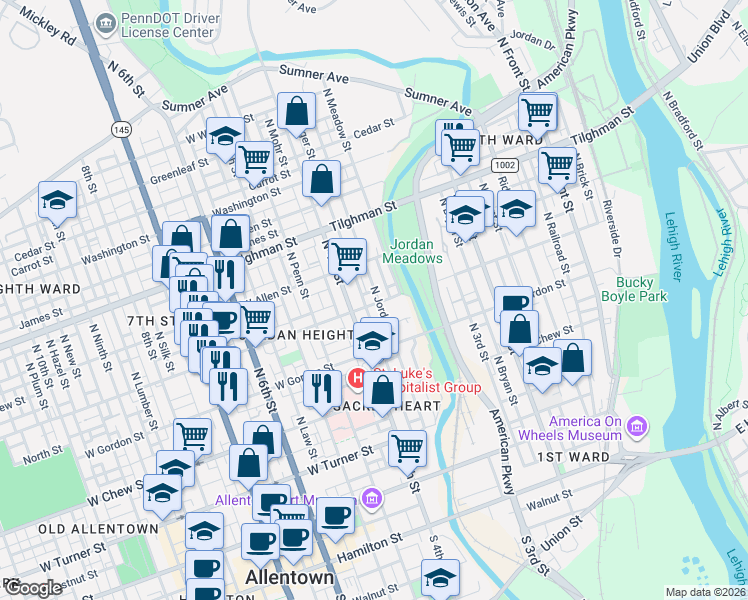 map of restaurants, bars, coffee shops, grocery stores, and more near 398 Liberty Street in Allentown