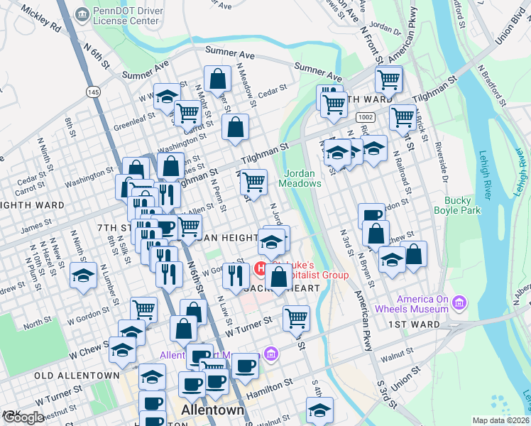 map of restaurants, bars, coffee shops, grocery stores, and more near 398 Liberty Street in Allentown