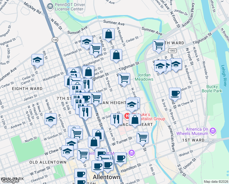map of restaurants, bars, coffee shops, grocery stores, and more near 520 North Penn Street in Allentown