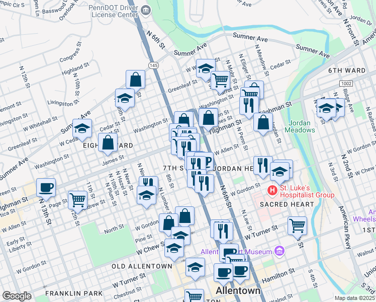 map of restaurants, bars, coffee shops, grocery stores, and more near 611 North 7th Street in Allentown