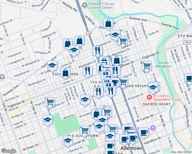 map of restaurants, bars, coffee shops, grocery stores, and more near 630 North 7th Street in Allentown