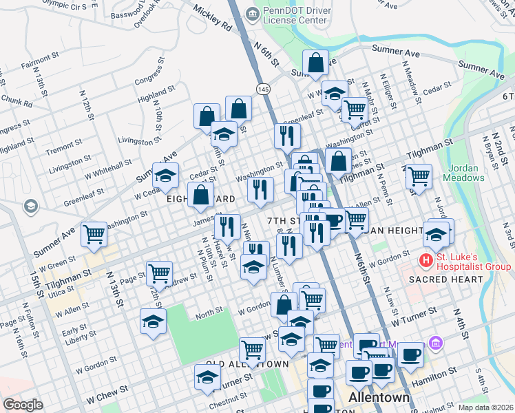 map of restaurants, bars, coffee shops, grocery stores, and more near 637 North Refwal Street in Allentown