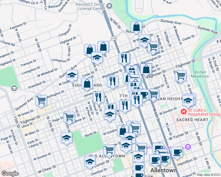 map of restaurants, bars, coffee shops, grocery stores, and more near 637 North Refwal Street in Allentown