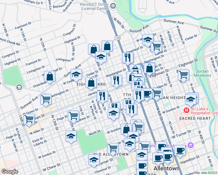 map of restaurants, bars, coffee shops, grocery stores, and more near 845 Tilghman Street in Allentown