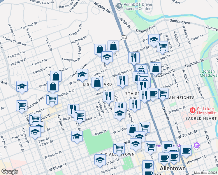 map of restaurants, bars, coffee shops, grocery stores, and more near 717 North New Street in Allentown