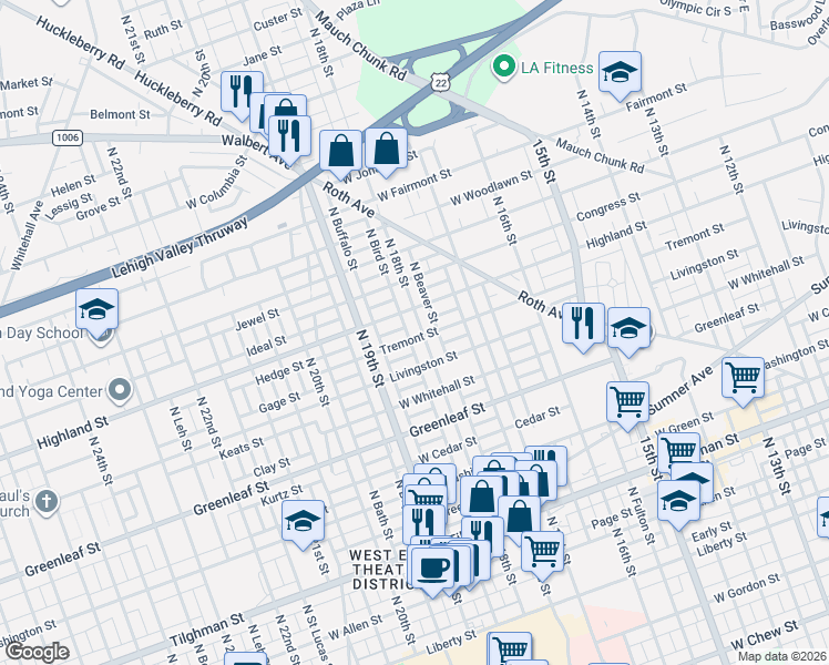map of restaurants, bars, coffee shops, grocery stores, and more near 1819 Tremont Street in Allentown