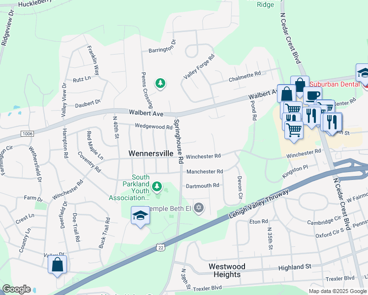 map of restaurants, bars, coffee shops, grocery stores, and more near 3783 Winchester Road in Allentown
