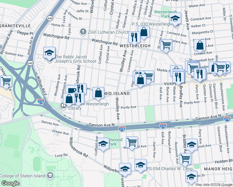 map of restaurants, bars, coffee shops, grocery stores, and more near Victory Blvd & Woolley Ave in Staten Island