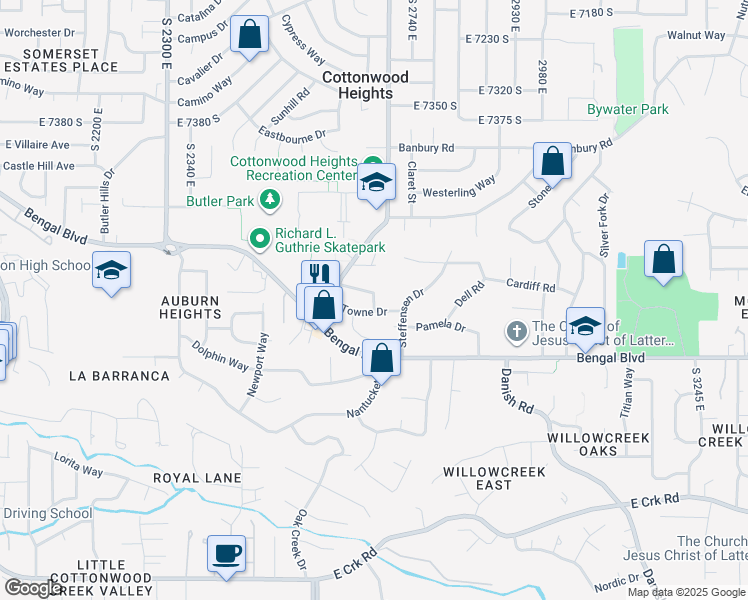 map of restaurants, bars, coffee shops, grocery stores, and more near East Canterbury Lane in Cottonwood Heights