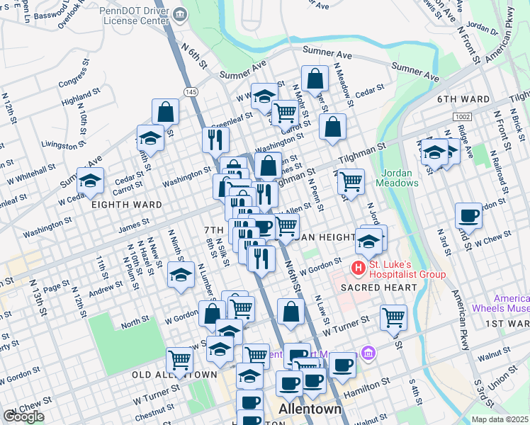map of restaurants, bars, coffee shops, grocery stores, and more near 612 North 6th Street in Allentown