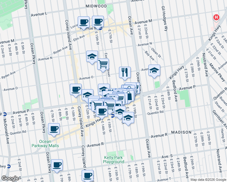 map of restaurants, bars, coffee shops, grocery stores, and more near 1587 East 16th Street in Brooklyn