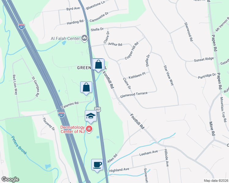 map of restaurants, bars, coffee shops, grocery stores, and more near 694 Foothill Road in Bridgewater Township