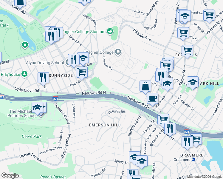 map of restaurants, bars, coffee shops, grocery stores, and more near 801 Narrows Road North in Staten Island