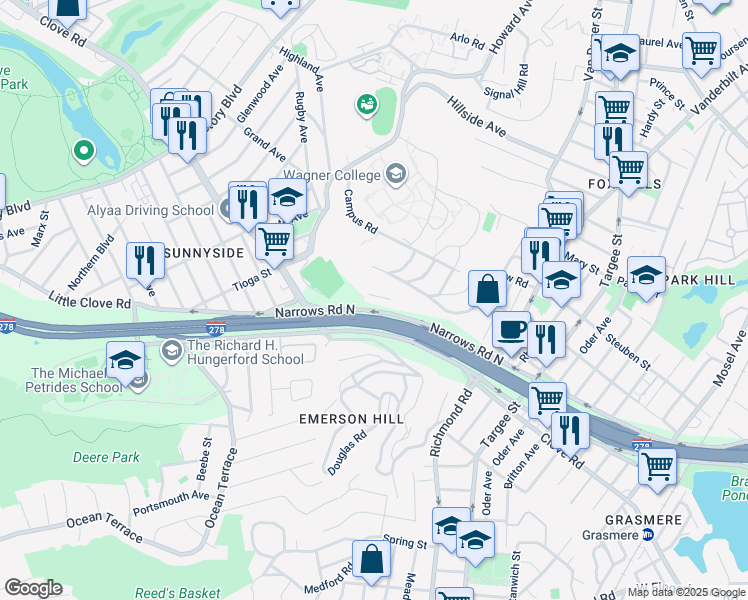 map of restaurants, bars, coffee shops, grocery stores, and more near 801 Narrows Road North in Staten Island