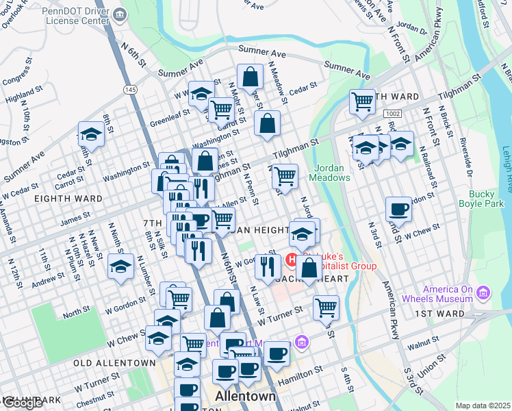 map of restaurants, bars, coffee shops, grocery stores, and more near 534 North Penn Street in Allentown