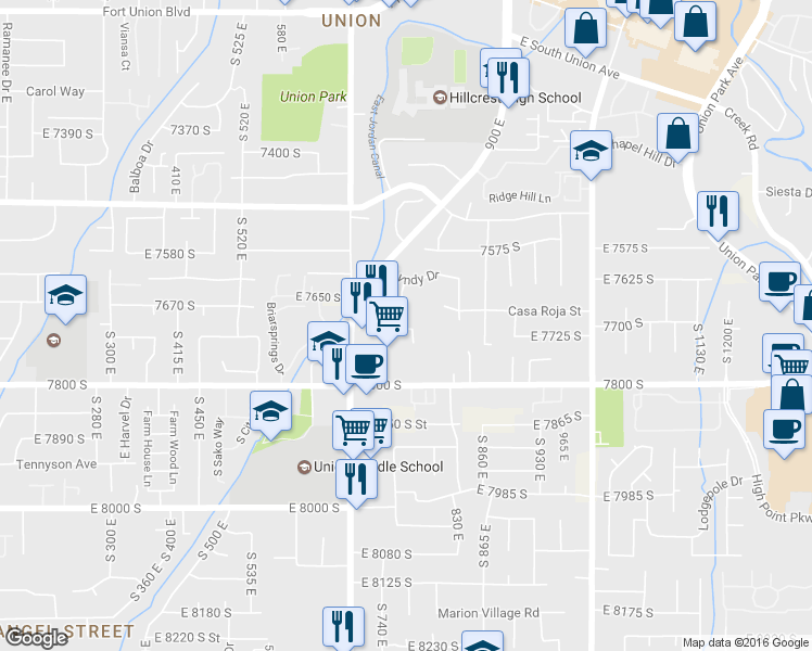 map of restaurants, bars, coffee shops, grocery stores, and more near 795 East Chad Circle in Midvale