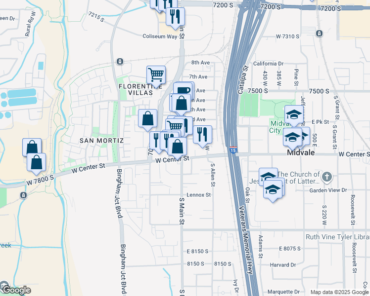 map of restaurants, bars, coffee shops, grocery stores, and more near 7702-7706 South Main Street in Midvale