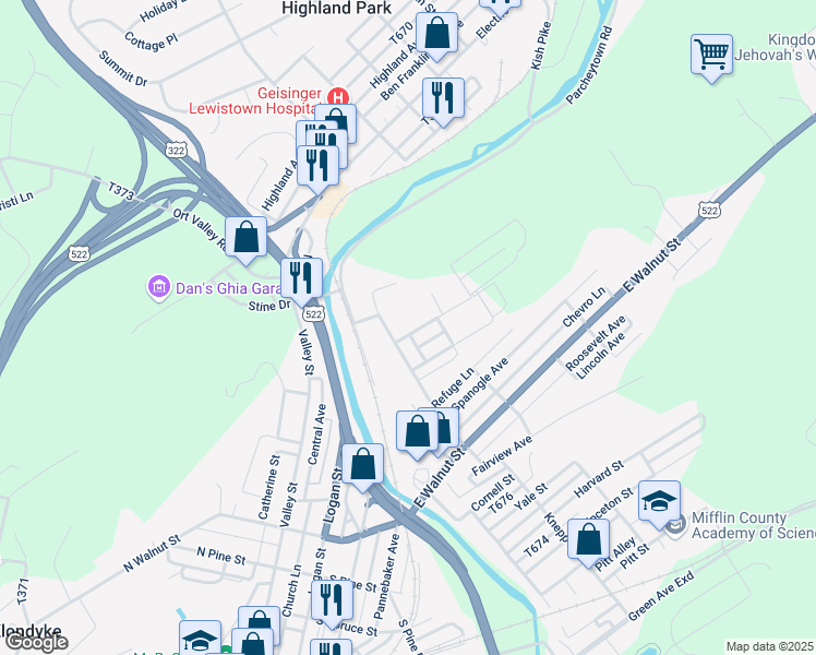 map of restaurants, bars, coffee shops, grocery stores, and more near 11 Oakland Avenue in Lewistown