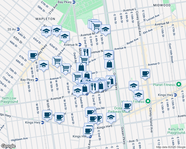 map of restaurants, bars, coffee shops, grocery stores, and more near 326 Avenue O in Brooklyn