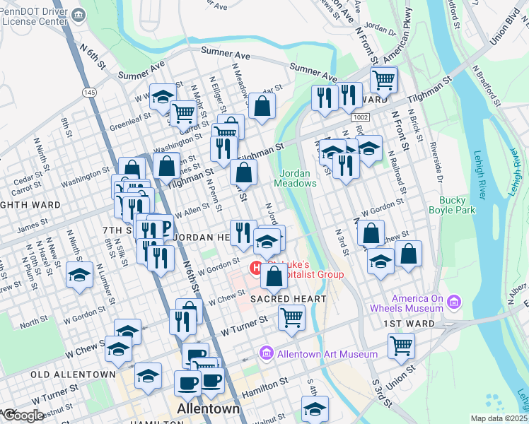 map of restaurants, bars, coffee shops, grocery stores, and more near 398 Liberty Street in Allentown