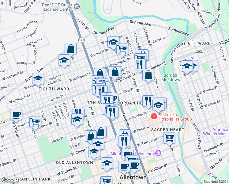 map of restaurants, bars, coffee shops, grocery stores, and more near 612 North 6th Street in Allentown