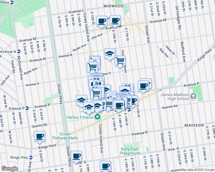 map of restaurants, bars, coffee shops, grocery stores, and more near 1550 East 13th Street in Brooklyn