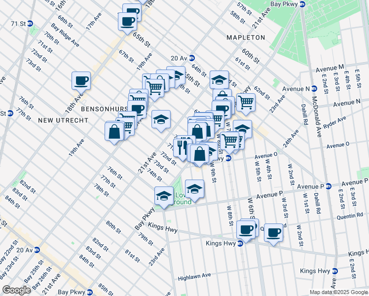 map of restaurants, bars, coffee shops, grocery stores, and more near 2150 71st Street in Brooklyn