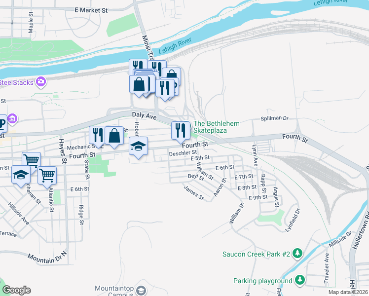 map of restaurants, bars, coffee shops, grocery stores, and more near 1337 Deschler Street in Bethlehem