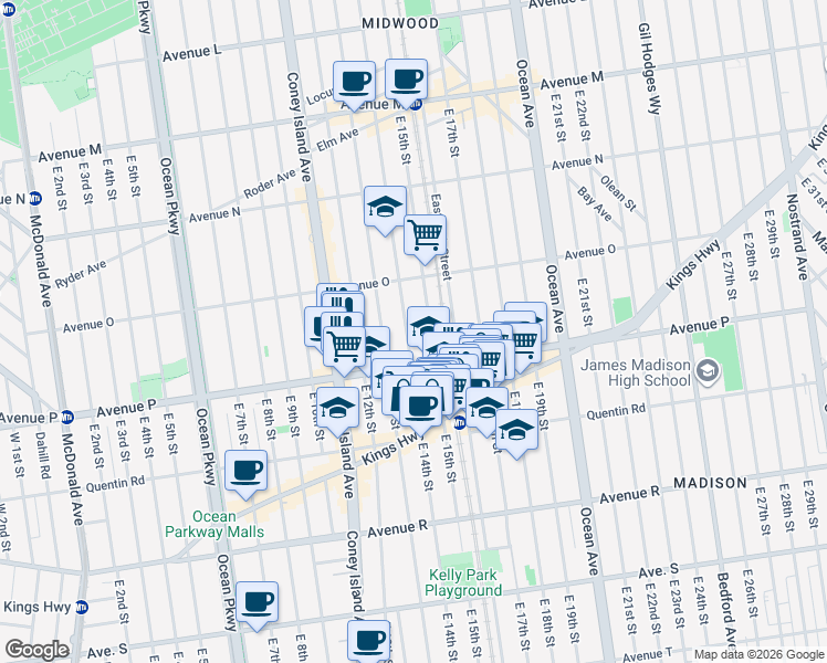 map of restaurants, bars, coffee shops, grocery stores, and more near 1565 East 14th Street in Brooklyn