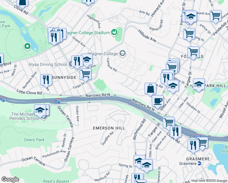 map of restaurants, bars, coffee shops, grocery stores, and more near 809 Narrows Road North in Staten Island