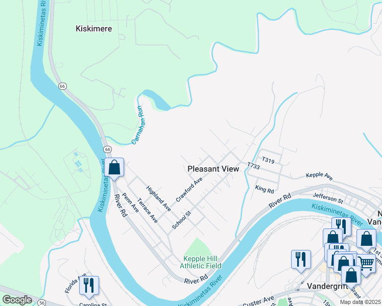 map of restaurants, bars, coffee shops, grocery stores, and more near 1115 20th Street in Vandergrift