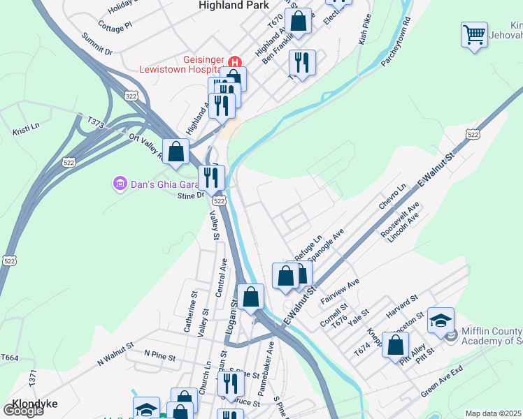 map of restaurants, bars, coffee shops, grocery stores, and more near 311 Spring Street in Lewistown