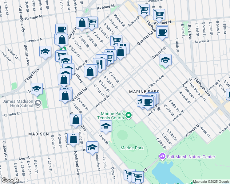 map of restaurants, bars, coffee shops, grocery stores, and more near 3124 Avenue R in Brooklyn
