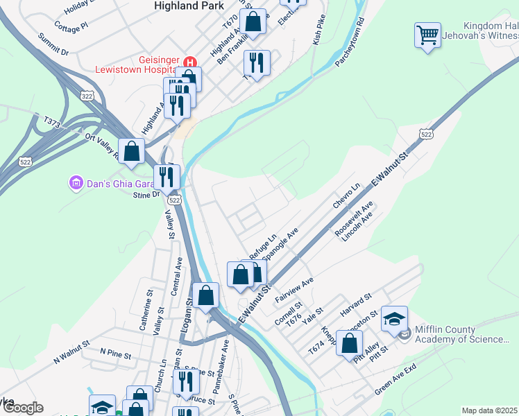 map of restaurants, bars, coffee shops, grocery stores, and more near 18 Center Street in Lewistown