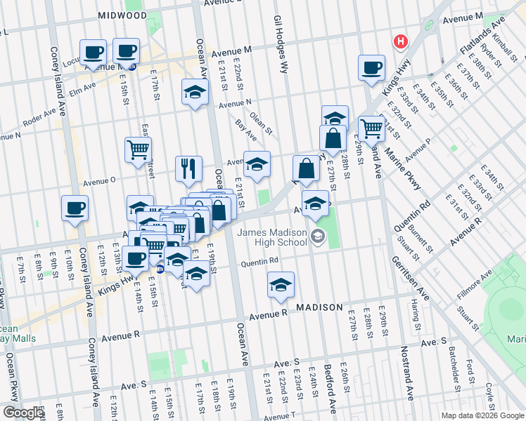 map of restaurants, bars, coffee shops, grocery stores, and more near 2225 Kings Highway in Brooklyn