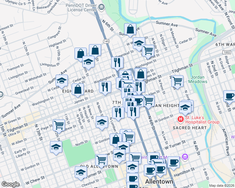 map of restaurants, bars, coffee shops, grocery stores, and more near 630 North 7th Street in Allentown