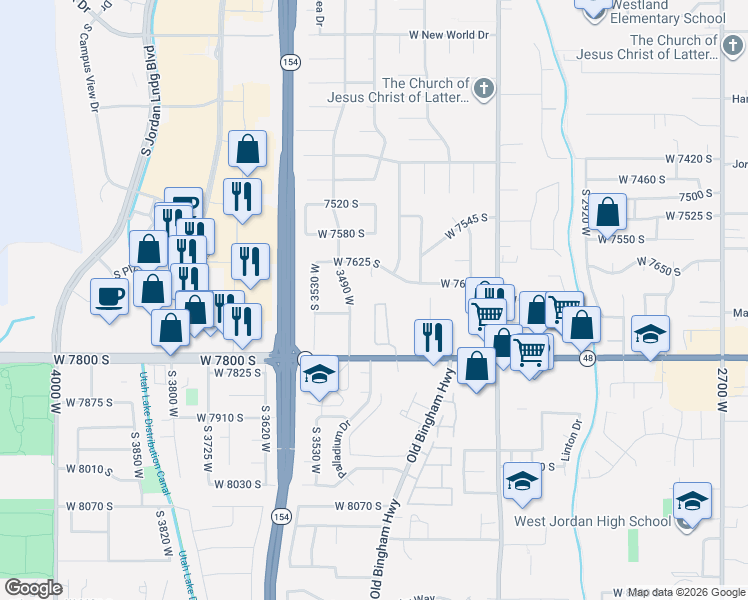 map of restaurants, bars, coffee shops, grocery stores, and more near 3422 Briar Drive in West Jordan