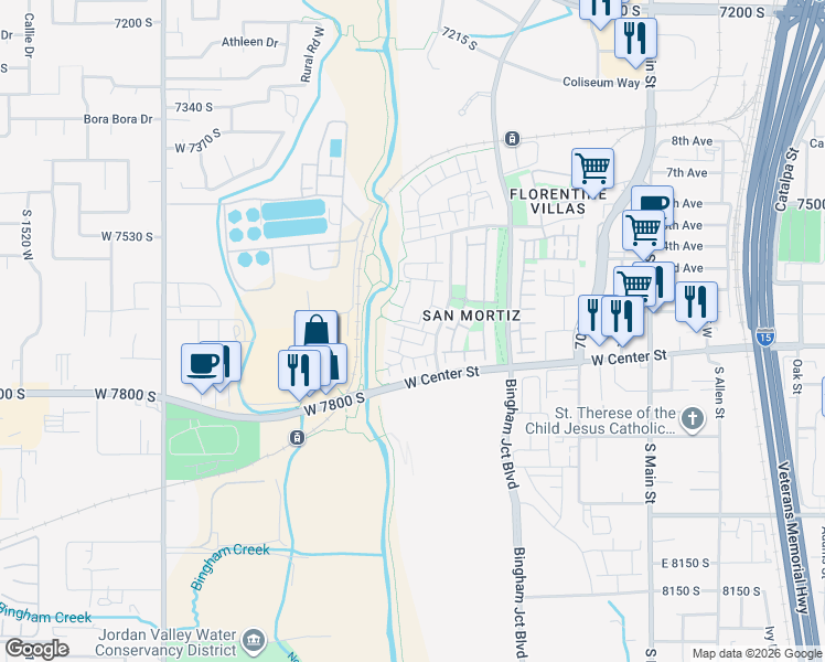 map of restaurants, bars, coffee shops, grocery stores, and more near 1047 Soho Drive in Midvale