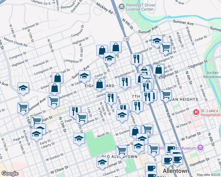 map of restaurants, bars, coffee shops, grocery stores, and more near 717 North New Street in Allentown