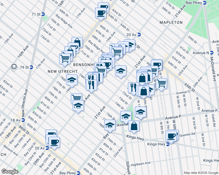map of restaurants, bars, coffee shops, grocery stores, and more near 2051 73rd Street in Brooklyn