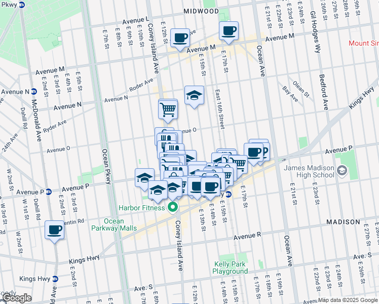 map of restaurants, bars, coffee shops, grocery stores, and more near 1550 East 13th Street in Brooklyn
