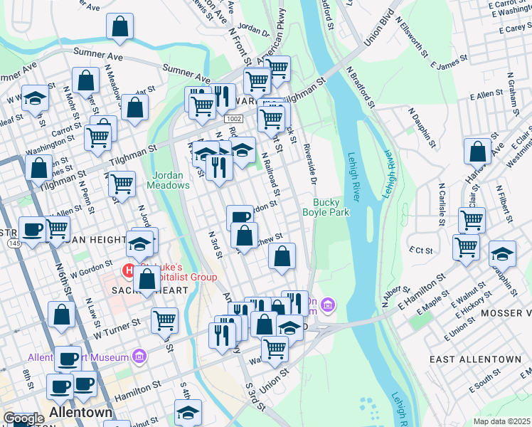 map of restaurants, bars, coffee shops, grocery stores, and more near 337 Ridge Avenue in Allentown