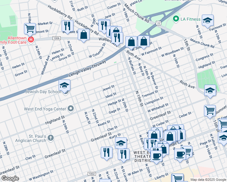 map of restaurants, bars, coffee shops, grocery stores, and more near 2017 West Highland Street in Allentown