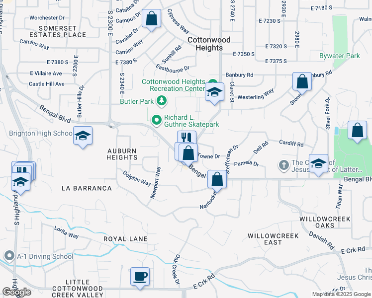 map of restaurants, bars, coffee shops, grocery stores, and more near 2540 Bengal Boulevard in Cottonwood Heights