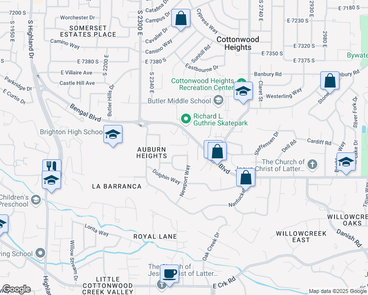 map of restaurants, bars, coffee shops, grocery stores, and more near 7707 Newport Way in Cottonwood Heights