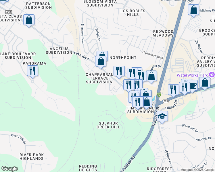 map of restaurants, bars, coffee shops, grocery stores, and more near 315 Buckeye Terrace in Redding