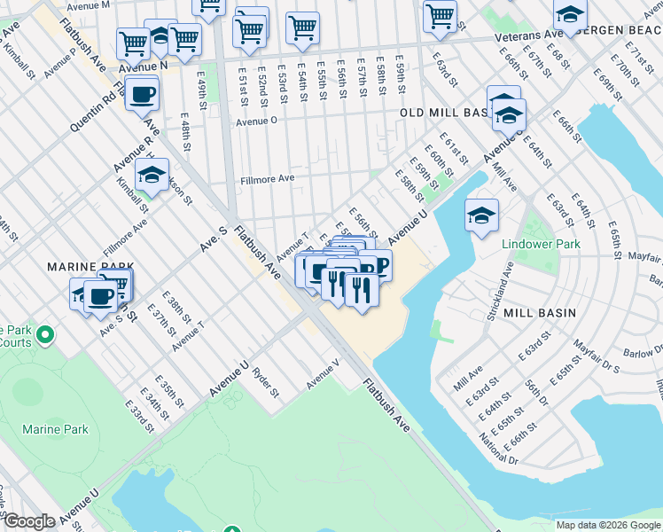 map of restaurants, bars, coffee shops, grocery stores, and more near 2072 East 53rd Place in Brooklyn