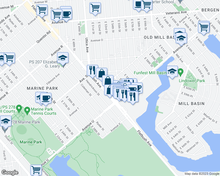 map of restaurants, bars, coffee shops, grocery stores, and more near 2035 East 53rd Street in Brooklyn