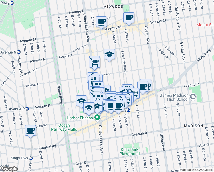 map of restaurants, bars, coffee shops, grocery stores, and more near 1561 East 13th Street in Brooklyn