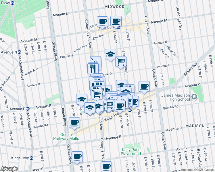 map of restaurants, bars, coffee shops, grocery stores, and more near 1561 East 13th Street in Brooklyn